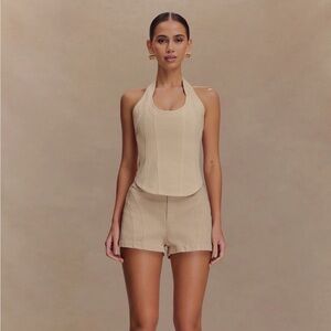 Meshki meadow denim corset halter top & shorts stone wash